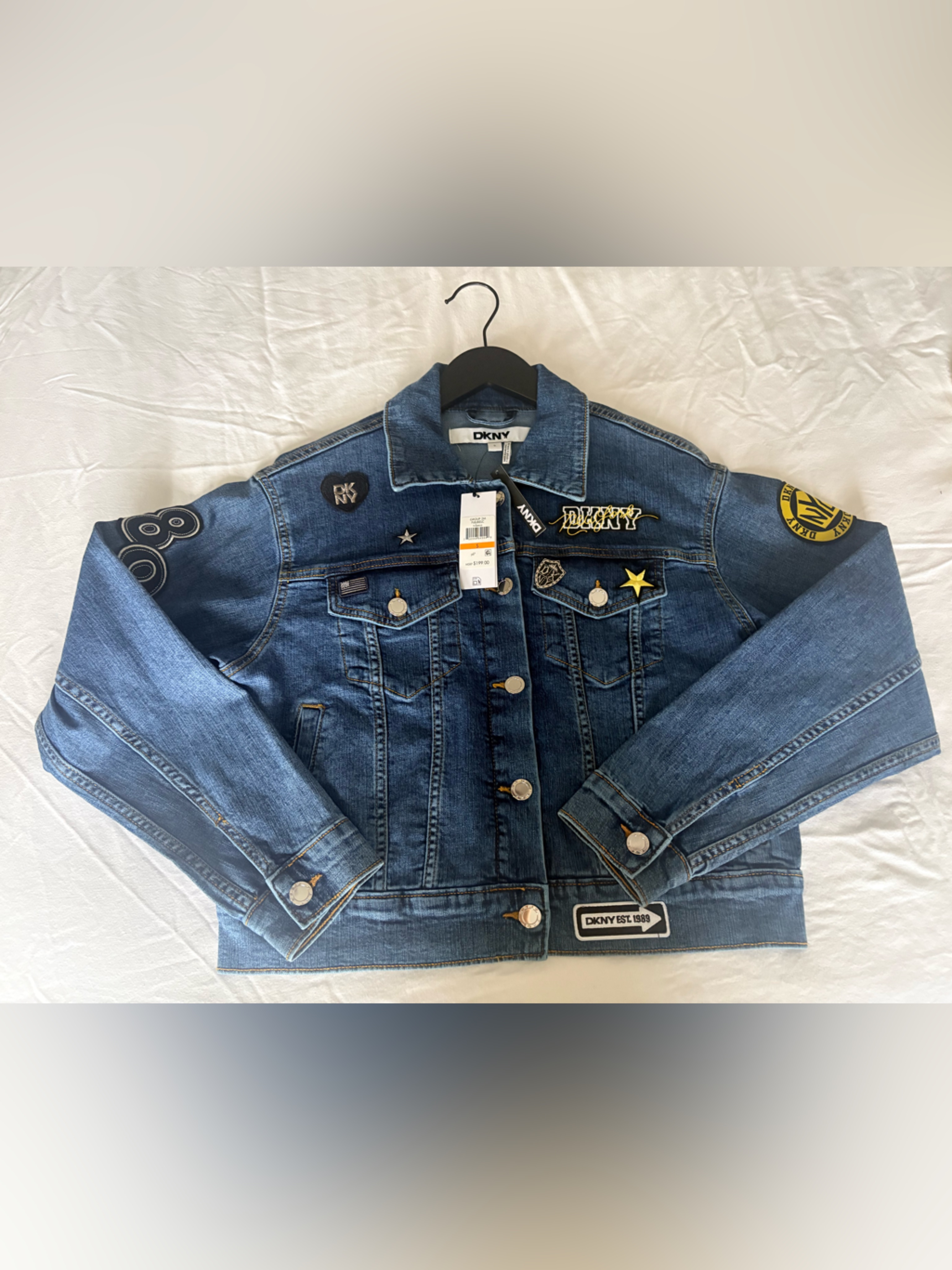 Dkny Dark Blue Denim Jacket With Embroidered Patch And Logo Tag